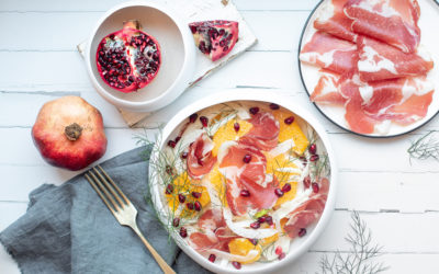 Insalata di finocchi, arancia, Coppa di Parma e melagrana