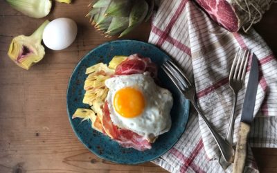 Waffles salati con uovo, Coppa di Parma e carciofi