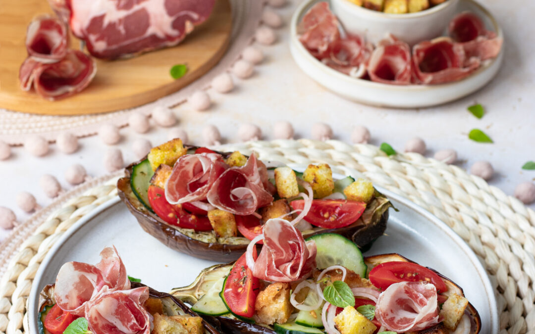 Barchette di melanzane con panzanella e Coppa di Parma IGP